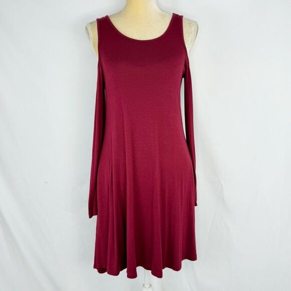 Women Red Cold Shoulder A-Line Shirt Dress Red Large With pockets - Picture 2 of 15